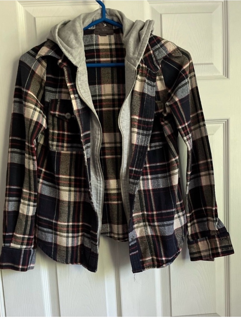 Forever 21 Black, Cream and Red Plaid Hooded Shirt Jacket